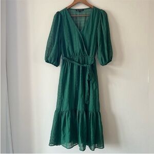 Ryan Michelle Elegant Green Puff Sleeves Midi Dress Size Small Bow Waist Tie